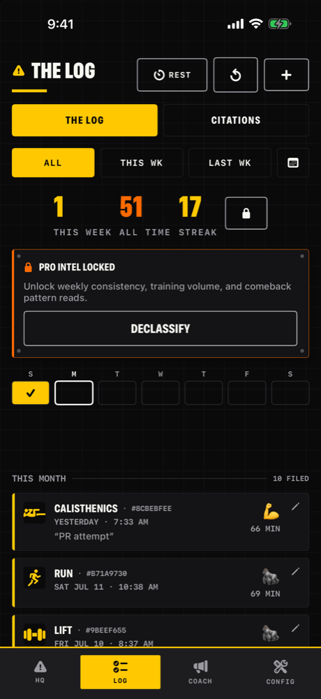 Training log with session history