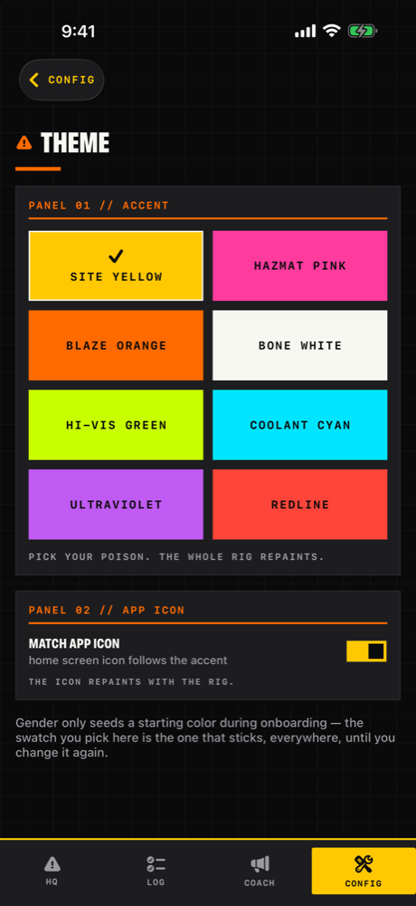 Theme picker with eight accent colors